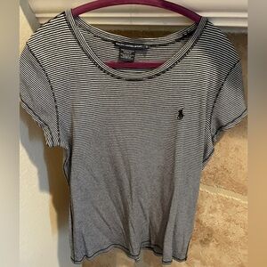 Ralph Lauren Sport 💯 cotton blue white striped short sleeve T preppy casual L